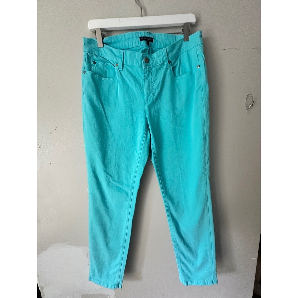 Eileen Fisher Turquoise Aqua Blue Organic Cotton Stretch Slim Jeans Womens 10